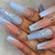 French Tip Press on Nails Long Length Ombre Blue Fake Nails with Sparkly Designs Coffin False Nails with Glue and Adhesive Tabs, Acrylic Artificial Nails for Women Girls 24pcs