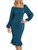 Women Elegant Bodycon Dress Cocktail Formal Lantern Sleeve Ruffle Hem Asymmetrical Neck Midi Length Peacock Blue XL