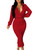 Rooscier Women's Collar Deep V Neck Long Sleeve Shirred Wrap Bodycon Cocktail Midi Dress Red Small