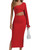 Rooscier Women's One Shoulder Ruffle Long Sleeve Cut Out High Slit Bodycon Midi Dress Red Medium