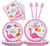 96 Pcs Dinosaur Birthday Party Plates Napkins Forks Supplies Tableware Set Disposable Table Dinosaur Theme Decoration for Girl Birthday Party, Serves 24 Guests
