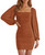 MEROKEETY Women's 2023 Square Neck Long Sleeve Mesh Ruched Bodycon Short Homecoming Pencil Dress Caramel Medium