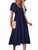 MEROKEETY Womens V Neck Smocked Midi Dress Ruffle Sleeve Elastic Waist Flowy Dress with Pockets, Navy, M