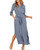 Fekermia Women's Long Sleeve Button Down Dress Shirt Solid Color V Neck Slits Dresses with Pockets & Belt Blue XX-Large