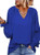 Zeagoo Blouses for Women Dressy Casual Puff Long Sleeve Shirts Loose Fit V Neck Plus Size Tunic Tops Blue