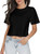 LINDLOOK Women's Loose Short Sleeve Basic Crop Top Crewneck Cotton Sexy T Shirt(Black/M)