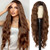 Flufymooz Brown Wig for Women, Side Part 28" Long Wavy Curly Wigs Natural Looking Heat Resistant Synthetic Fiber Wig for Daily Party Use (Dark Brown with Dark Roots)