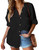 HOTOUCH Womens Black Button Down Shirt Loose-Fit Long Sleeve V Neck Collar Office Casual Shirt Blouse with Pocket Black L