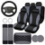 17 Pcs Car Seat Covers Full Set, Steering Wheel Cover Center Console Pad Armrest Cover Seat Safety Belt Pad Seatbelt Covers Cup Mats Car Emblem Ring Sticker Car Accessories Set (Black, Gray)