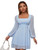 WDIRARA Women's Polka Dots Mesh Square Neck Bishop Long Sleeve Dress Light Blue M