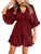 Aoysky Womens V Neck Casual Dresses Summer Loose High Waist Ruffle Pleated Cute Mini Short Dress Wine Red