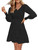 MEROKEETY Women's Casual Long Sleeve V Neck Smocked Elastic Waist Flowy Tiered Mini Dress, VBlack, L