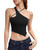 GORGLITTER Women's Ribbed Knit Asymmetrical Halter Neck Crop Tops Sleeveless Slim Fit Cami Top Black Small