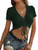 Crop Tops for Women Sexy Rib Knit Deep V Neck Front Tie Drawstring Ruched T Shirt Casual Short Sleeve Cute Tee Summer Dark Green, Medium
