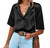 Chigant Women Black Silk Shirt Short Sleeve Blouses V-Neck Satin Tunic Button up Satin Shirt