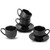 Hasense Ceramic Cappuccino Cups and Saucers - 8 Oz, Large Ribbed Latte Cups Set of 4 for Coffee,Tea,Latte and Macchiato, Demitasse Cups Set Aesthetic Gifty, Black