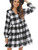 FANCYINN Womens Long Sleeve Buffalo Plaid Shift Tunic Dress Ruffle Hem Vneck Casual Swing Babydoll Mini Dress with Pockets White & Black XL