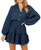 YOVION Women's Elegant Long Lantern Sleeve V Neck High Waist A-Line Layer Ruffle Swing Mini Dress (Navy Blue, S)