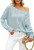 Women's 2023 Fall Casual Crochet Sweater Long Sleeve Off The Shoulder Sweaters Hollow Out Knit Pullover Jumper Tops Sky Blue L