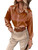 SOLY HUX Women's Satin Silk Long Sleeve Button Down Shirt Formal Work Blouse Top Solid Rust Brown S