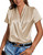LYANER Women's Satin Silk Wrap V Neck Draped Short Sleeve Elegant Office Blouse Top Beige X-Small