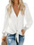 LYANER Women's Casual V Neck Long Sleeve Tie Front Knot Button Down Shirt Blouse Top Solid White Medium
