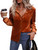 MakeMeChic Women's Velvet Button Down Blouse Long Sleeve Button Up Shirt Rust Brown XL