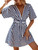 Romwe Women's Boho Floral Print Short Sleeve V Neck Tie Back Summer Shift Dress Blue and White Striped XL Romwe Women's Boho Floral Print Short Sleeve V Neck Tie Back Summer Shift Dress Blue and White Striped XL