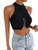 GORGLITTER Women's Chain Lace Up Front Crop Tops Mock Neck Sleeveless Rib Knit Tank Top Black Halter Large