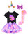 Doctor Unicorn Birthday Girls Outfit Set Tutu Skirt Dress, Unicorn Shirt, Headband & Satin Sash (Black/Pink Purple - 4-5T)
