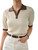 Floerns Women's Casual V Neck Short Sleeve Contrast Striped Trim Rib Knit T Shirt Top Beige S