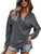 SweatyRocks Women's Casual Long Sleeve V Neck Tee Drop Shoulder Solid Button Pullover T Shirt Dark Grey M