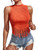GORGLITTER Women's Fringe Trim Mock Neck Tank Top Ribbed Knit Sleeveless Solid Crop Tops Coral Orange Large