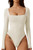 QINSEN Bodysuit Tops for Women Square Neck Long Sleeve Double Lined T-shirt Beige M