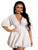 WDIRARA Women's Deep V Neck Puff Sleeve High Rise Flare Dress Elastic Waist Dress White M