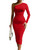 LAGSHIAN Women's Elegant Bodycon One Shoulder Long Sleeve Ruched Midi Cocktail Party Dress Red