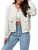 MEROKEETY Women's Cropped Bomber Jacket Long Sleeve Button Down Varsity Shacket Coats with Pockets,White,M