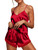 Ekouaer Womens Sleepwear Lingerie Satin Pajamas Cami Shorts Set V Neck Pj Lace Nightwear, Red Small