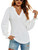 Romanstii Women Casual V-Neck T-Shirts Puff Long-Sleeve Tops Loose Tunic Blouse,White,L