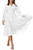 Ferlema Women's Casual Pleated Midi Dress Long Puff Sleeve V Neck Button Down Flowy A Line Swing Dresses White Medium