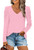 CATHY Women's Long Puff Sleeve V-Neck Tunic Tops Casual T-shirt Basic Blouse Loose Tee For Legging, 3XL, Pink Red