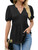 LOMON Black Tops for Women Puff Short Sleeve Summer Shirts V Neck Casual Work Loose Tunic Blouse(Black,XXL)