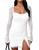 Kaximil Women's Sexy Bodycon Mesh Long Sleeve Square Neck Slit Party Short Mini Dress, Medium, White