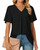 Anyally Women's Summer Dressy Chiffon Blouses V Neck Ruffle Short Sleeve Tunic Tops for Leggings Casual T-Shirts, L Black