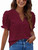 Blooming Jelly Womens Puff Sleeve Summer Tops Chiffon Short Sleeve Blouses White V Neck Pom Pom Shirts?Wine Red,Medium