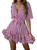 PRETTYGARDEN Women's Casual Summer Striped Dress Short Sleeve Wrap V Neck Ruffle Hem Mini Skater Dresses (Dark Rose Red,Medium)