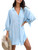 CUPSHE Women's V Neck 3/4 Sleeve Button Loose A Line Mini Dress Light Blue, S