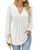 LOMON Fall Tshirts for Women Long Sleeve V Neck Smocked Tops Tunics Casual Loose Solid Color Shirts Blouses(White,L)