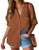 HOTOUCH Linen Button Down Shirt Women Cotton Shirts Loose Fit Long Sleeve V Neck Collar Work Blouse Brown M