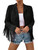 WDIRARA Women's Fringe Drop Shoulder Long Sleeve Button Down Casual Shacket Jacket Plain Solid Black L